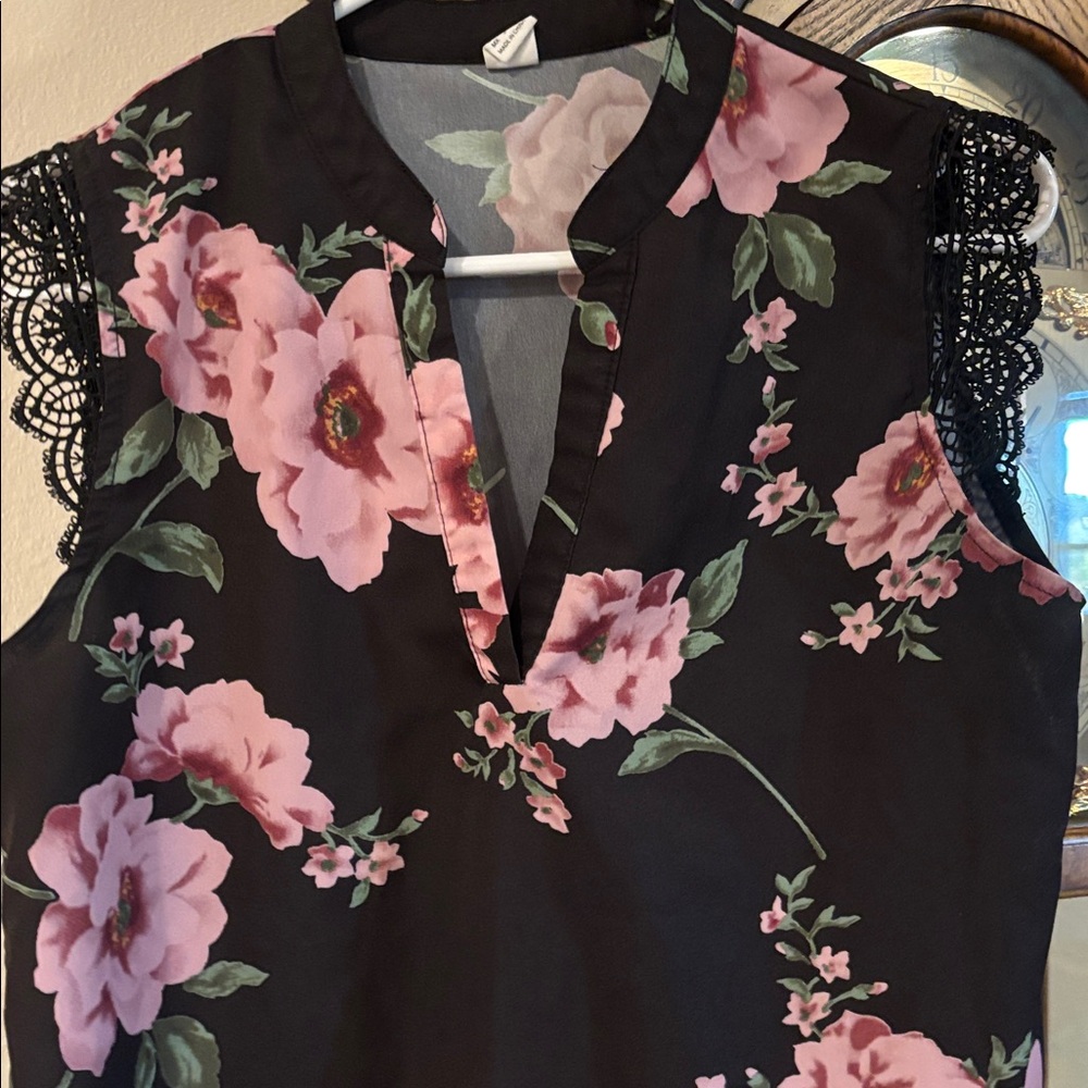 Floral Black Blouse with Lace Cap Sleeves and Elegant Purple Roses